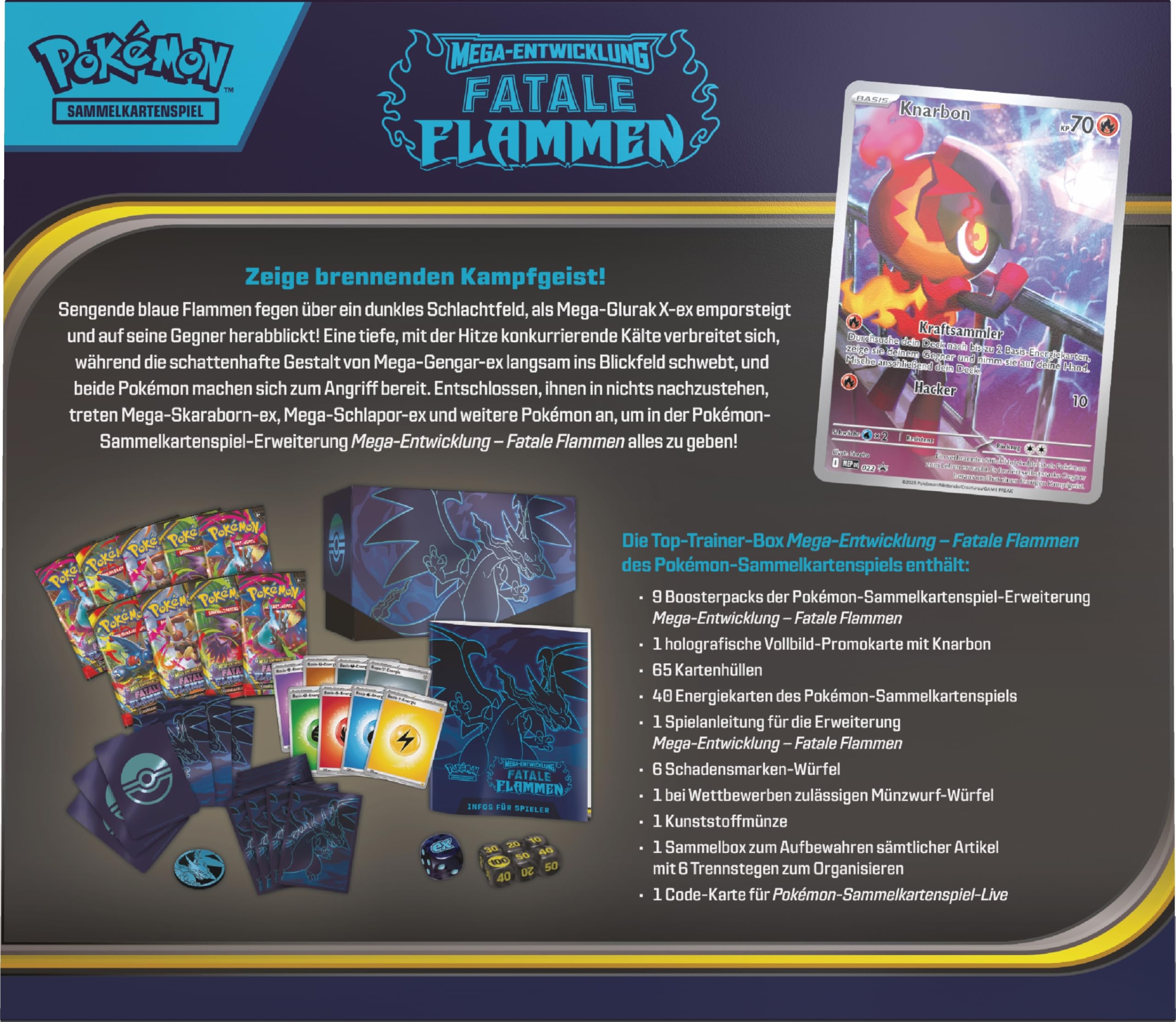 Pokémon-Sammelkartenspiel: Top-Trainer-Box Mega-Entwicklung – Fatale Flammen (1 Vollbild-Promokarte, 9 Boosterpacks & Zubehör)